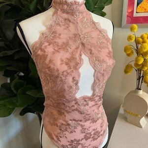 Pink Lace Halter Top with Floral Design